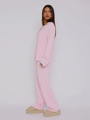 Casual Home Wear Long-Sleeved Lapel Single-Breasted Top and Straight-Leg Pants Set RS-T116