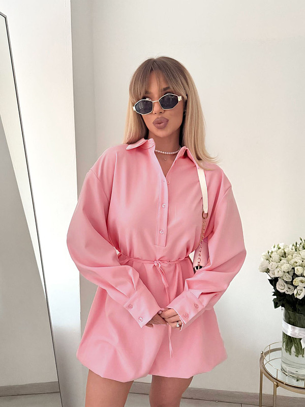 Fashionable Lapel Buttoned Long-Sleeved Waist-Defining Dress RS-S220