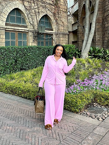 Solid Color Lapel Long-Sleeved Shirt and Pants Set QZ-7201