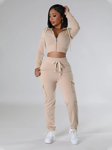 Fashionable Hooded Long-Sleeved Zip-Up Crop Top and Drawstring Pocket Pants Set RS-S212