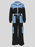 Casual Striped Long-Sleeved Shirt with Pockets and Tie-Waist Straight-Leg Pants Set RS-T076
