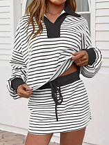 Fashion Striped Patchwork Color-Blocked Stand-Collar Long-Sleeve Top and Drawstring Skirt Set RS-S287
