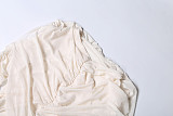 Sexy Solid Color Ruched Patchwork Long-Sleeved Top and Low-Waist Skinny Shorts Set DLS-90676