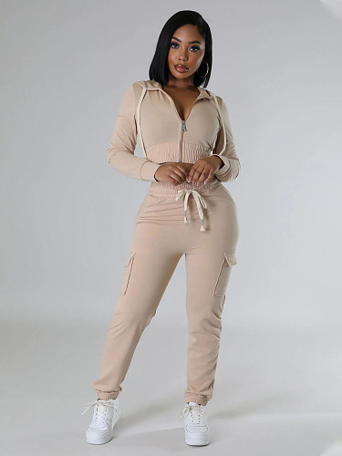 Fashionable Hooded Long-Sleeved Zip-Up Crop Top and Drawstring Pocket Pants Set RS-S212