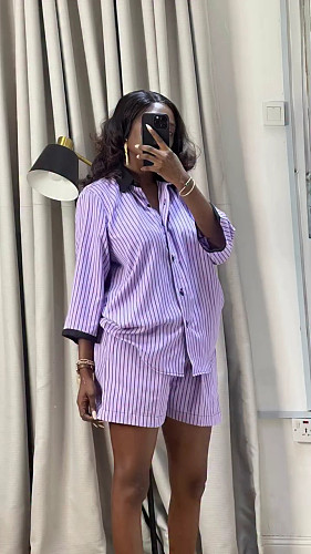 Fashion Lapel Contrast Color Cardigan Striped Shirt and Trousers Two-Piece Set QZ-7715