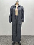 Fashion Lapel Striped Shirt and Straight-Leg Pants Set QZ-6297