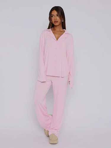 Casual Home Wear Long-Sleeved Lapel Single-Breasted Top and Straight-Leg Pants Set RS-T116
