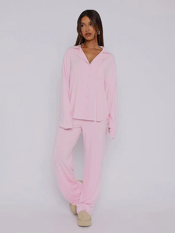 Casual Home Wear Long-Sleeved Lapel Single-Breasted Top and Straight-Leg Pants Set RS-T116