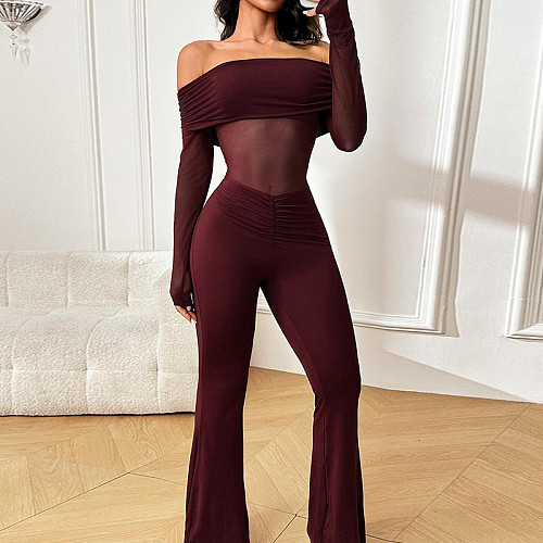 Sexy Mesh Panel Off-Shoulder Long-Sleeved Jumpsuit SUM-XY24562