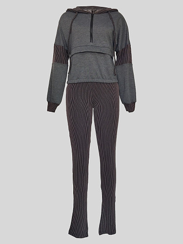 Fashion Striped Long-Sleeved Hooded Patchwork Top and Slim-Fit Slit Pants Set RS-T049