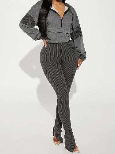 Fashion Striped Long-Sleeved Hooded Patchwork Top and Slim-Fit Slit Pants Set RS-T049
