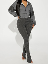 Fashion Striped Long-Sleeved Hooded Patchwork Top and Slim-Fit Slit Pants Set RS-T049 Fashion Striped Long-Sleeved Hooded Patchwork Top and Slim-Fit Slit Pants Set RS-T049