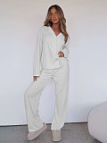 Casual Home Wear Long-Sleeved Lapel Single-Breasted Top and Straight-Leg Pants Set RS-T116