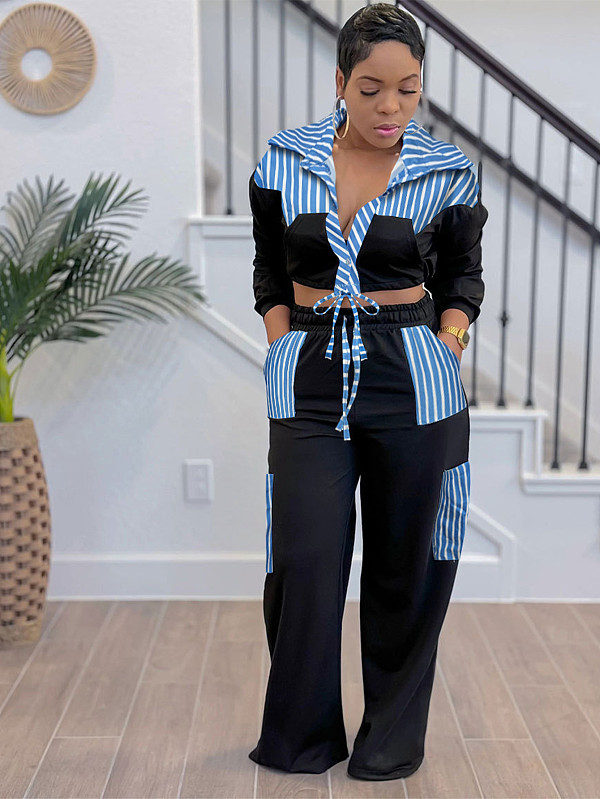 Casual Striped Long-Sleeved Shirt with Pockets and Tie-Waist Straight-Leg Pants Set RS-T076