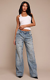 Fashion Beaded Washed High-Waisted Straight-Leg Jeans RS-8769