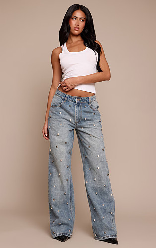 Fashion Beaded Washed High-Waisted Straight-Leg Jeans RS-8769