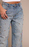 Fashion Beaded Washed High-Waisted Straight-Leg Jeans RS-8769