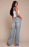 Fashion Beaded Washed High-Waisted Straight-Leg Jeans RS-8769