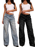 Fashion Beaded Washed High-Waisted Straight-Leg Jeans RS-8769