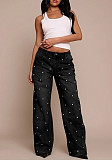 Fashion Beaded Washed High-Waisted Straight-Leg Jeans RS-8769