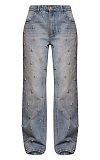 Fashion Beaded Washed High-Waisted Straight-Leg Jeans RS-8769