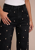 Fashion Beaded Washed High-Waisted Straight-Leg Jeans RS-8769