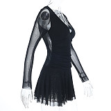Sexy V-neck Slim-fit Mesh Panel Long-sleeved Mini Dress FLY-25192