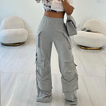 Fashionable Ribbed Elastic Waistband Multi-Pocket Straight-Leg Casual Trousers RS-2543