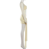 Solid Color Sexy Sheer Long-Sleeved Bodycon Mini Dress With Flowing Ribbons SXE-90730