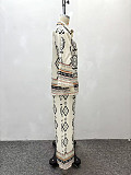 Casual Printed Lapel Long-Sleeve Cardigan Shirt and Wide-Leg Pants Two-Piece Set QZ-7096