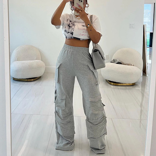 Fashionable Ribbed Elastic Waistband Multi-Pocket Straight-Leg Casual Trousers RS-2543
