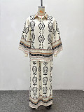 Casual Printed Lapel Long-Sleeve Cardigan Shirt and Wide-Leg Pants Two-Piece Set QZ-7096