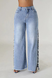 Fashionable Side-Slit Loose Straight-Leg Jeans With Metal Chain and Diamond Embellishments RS-LD2522