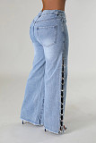 Fashionable Side-Slit Loose Straight-Leg Jeans With Metal Chain and Diamond Embellishments RS-LD2522