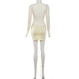 Solid Color Sexy Sheer Long-Sleeved Bodycon Mini Dress With Flowing Ribbons SXE-90730