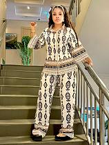 Casual Printed Lapel Long-Sleeve Cardigan Shirt and Wide-Leg Pants Two-Piece Set QZ-7096