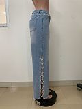 Fashionable Side-Slit Loose Straight-Leg Jeans With Metal Chain and Diamond Embellishments RS-LD2522
