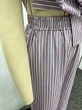 2026 Casual Lapel Striped Cardigan Shirt and Wide-Leg Pants Two-Piece Set QZ-6997