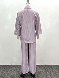 2026 Casual Lapel Striped Cardigan Shirt and Wide-Leg Pants Two-Piece Set QZ-6997