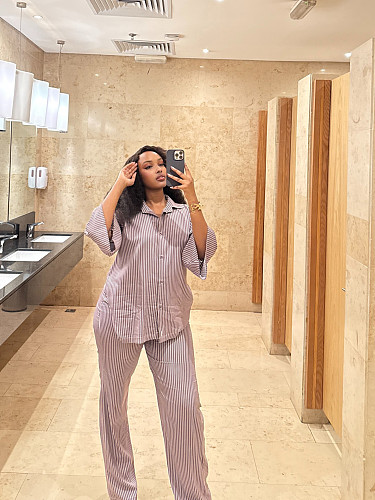 2026 Casual Lapel Striped Cardigan Shirt and Wide-Leg Pants Two-Piece Set QZ-6997