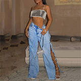 Fashionable Side-Slit Loose Straight-Leg Jeans With Metal Chain and Diamond Embellishments RS-LD2522