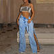 Fashionable Side-Slit Loose Straight-Leg Jeans With Metal Chain and Diamond Embellishments RS-LD2522