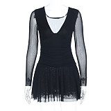 Sexy V-neck Slim-fit Mesh Panel Long-sleeved Mini Dress FLY-25192