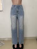 Fashionable Side-Slit Loose Straight-Leg Jeans With Metal Chain and Diamond Embellishments RS-LD2522