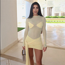 Solid Color Sexy Sheer Long-Sleeved Bodycon Mini Dress With Flowing Ribbons SXE-90730