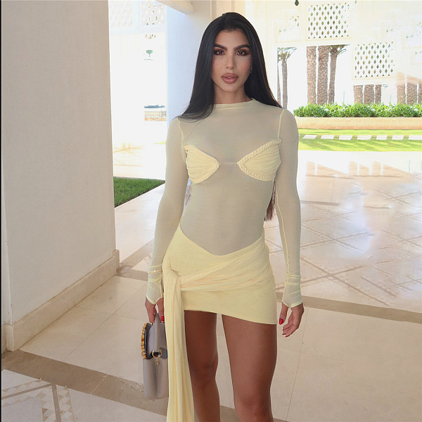 Solid Color Sexy Sheer Long-Sleeved Bodycon Mini Dress With Flowing Ribbons SXE-90730