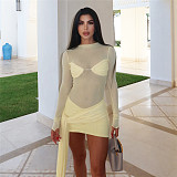 Solid Color Sexy Sheer Long-Sleeved Bodycon Mini Dress With Flowing Ribbons SXE-90730