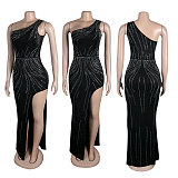 Sexy Two-Tone Rhinestone Embellished Sleeveless One-Shoulder Slit Bodycon Stretch Dress NY-3199
