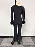Sexy Stretchy Shiny One-Shoulder Jumpsuit with Feather Embellishments NY-10688