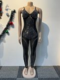 Sexy Rhinestone Embellished Sheer Strappy Elastic Slim-Fit Jumpsuit NY-3193